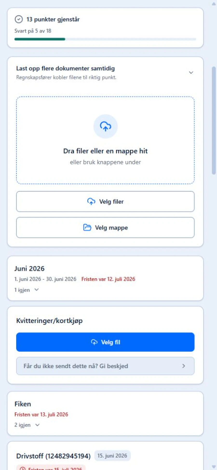 Kundens opplastingsside med fremdrift, samlet filopplasting og svar per manglende bilag.