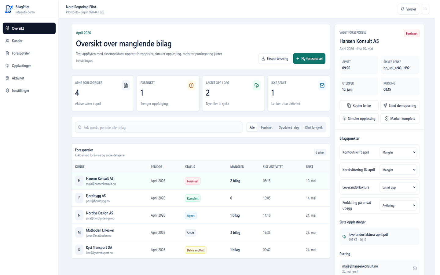 BilagPilot dashboard med oversikt over manglende bilag.